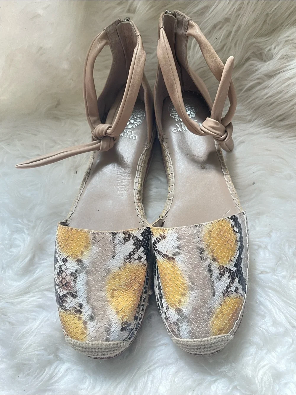 Vince Camuto Yellow, beige & brown Python Espadrille with Nude Ankle Tie SZ12M